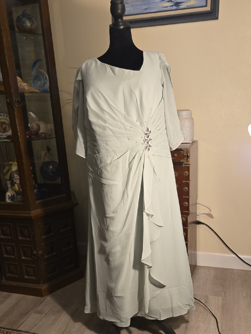 Embellished Sage Green Maxi Dress with Draped Front